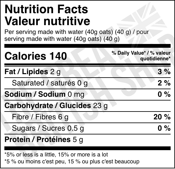 Hamlyns Scottish Porridge Oats and Bran - 750g nutrition facts label / valeur nutritive