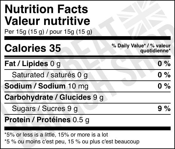 Hartley's Pineapple Jam - 300g nutrition facts label / valeur nutritive