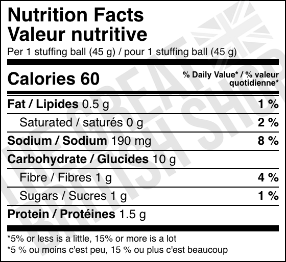 Paxo Sage & Onion Stuffing - 170g nutrition facts label / valeur nutritive