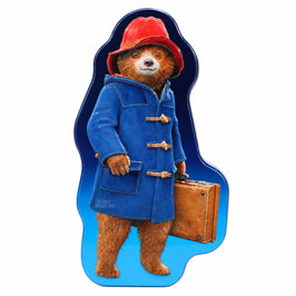 Paddington shortbread biscuits 100g, bear-shaped blue tin with Paddington wearing a red hat and carrying a suitcase.