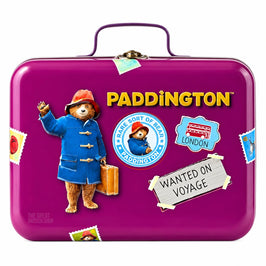 Paddington orange marmalade chocolate chunk cookies 300g, purple suitcase tin with London-themed artwork.