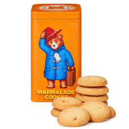 Paddington Bear Marmalade Cookies 100g orange tin, illustrated with Paddington in a blue coat and cookies arranged in front.