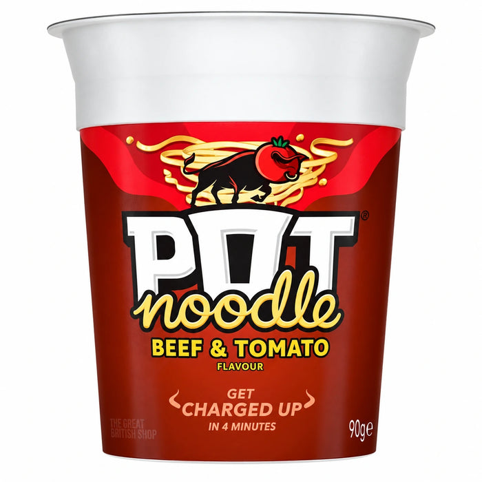 Pot Noodle Beef & Tomato - 90g, front view of the product packaging