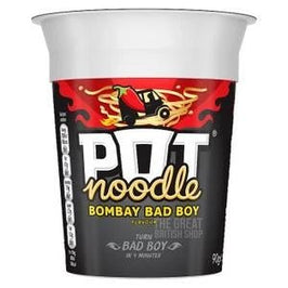 Pot Noodle Bombay Bad Boy 90g: front of the pot showing the black label and lid.