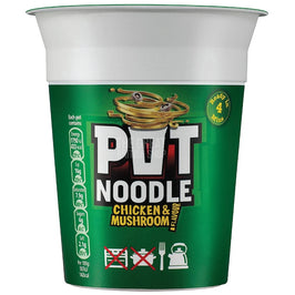 Pot Noodle Chicken & Mushroom 90g, the front of the pot showing noodle graphic and nutrition panel.