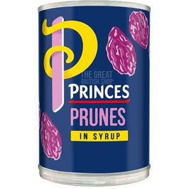 Princes Prunes in Light Syrup 420g: front of the tin showing the prunes design