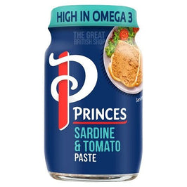 Princes Sardine and Tomato Paste 75g: the jar showing paste on bread beside salad leaves.