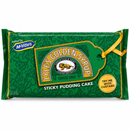 McVitie's Lyle's Golden Syrup Sticky Pudding Cake, green and gold wrapper with the Lyle's lion emblem.