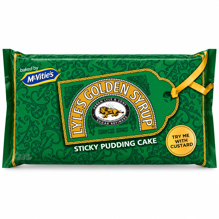 McVitie's Lyle's Golden Syrup Sticky Pudding Cake, green and gold wrapper with the Lyle's lion emblem.