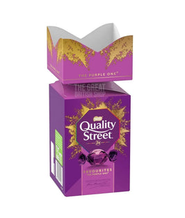 Quality Street The Purple One Cracker 252g: the purple box with its lid open beside it.