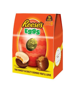 Reese's Large Egg with Milk & White Peanut Butter Cups 215g: egg shaped box showing foil wrapped egg through window and peanut butter cups.