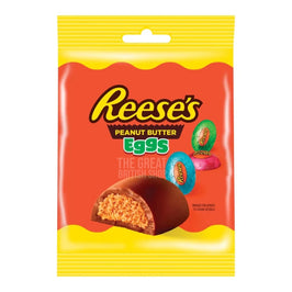 Reese's Peanut Butter Eggs 73g: front of the yellow and orange bag showing wrapped eggs and a cut egg.