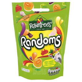 Rowntree's Randoms Pouch 150g: front of the green sharing pouch with assorted sweet shapes shown.