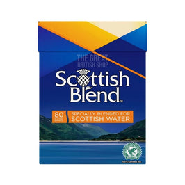 Scottish Blend Tea 80 Tea Bags: front of the box showing blue and orange design with loch image.