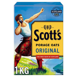 Scott's Porage Oats Original 1kg, front of the box showing a kilted Highlander throwing a stone.