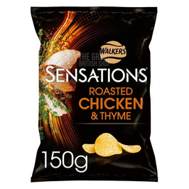 Walkers Sensations Roasted Chicken & Thyme 150g, front of the black crisp packet.