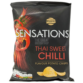 Walkers Sensations Thai Sweet Chilli Flavour Potato Crisps 150g: front of the black bag with chilli graphic.