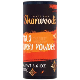 Sharwoods Mild Curry Powder 102g: front of the cylindrical tub with black and orange label