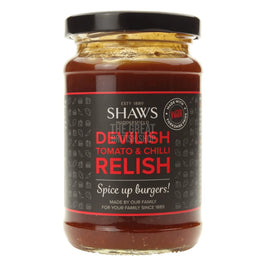 Shaws Devilish Chili & Tomato Relish 300g: the jar with black lid and dark label.