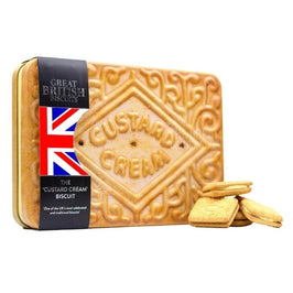 Silver Crane Giant Custard Cream Biscuit Tin 450g: biscuit print tin with stacked custard creams beside it