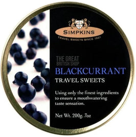 Simpkins Blackcurrant Travel Sweets 200g: round gold tin lid with blackcurrant photo and label.