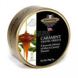 Simpkins Caramint Drops 200g: the round gold tin lid showing caramel drizzle and mint leaves design.