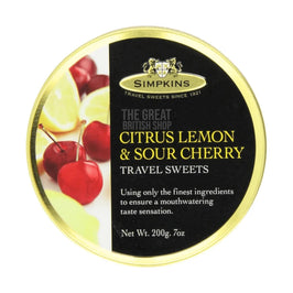 Simpkins Citrus Lemon & Sour Cherry Travel Sweets 200g: round tin lid with cherries and lemon slices.