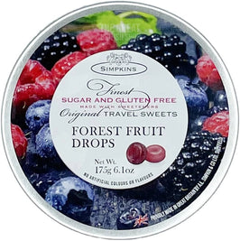 Simpkins Forest Fruit Drops Sugar Free 175g: top of the round travel sweets tin with berry design.