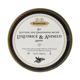 Simpkins Liquorice & Aniseed Drops 200g: top view of the round tin lid showing the label.