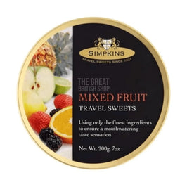 Simpkins Mixed Fruit Travel Sweets 200g: top of the round gold tin showing fruit images and text.