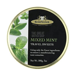 Simpkins Mixed Mint Travel Sweets 200g, round tin lid with mint leaves and text shown.