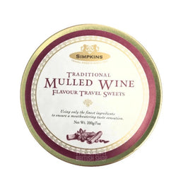 Simpkins Mulled Wine Flavour Travel Sweets 200g: top of the round tin showing the label design.
