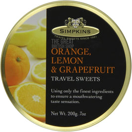 Simpkins Orange, Lemon & Grapefruit Travel Sweets 200g: top of the round gold tin lid.