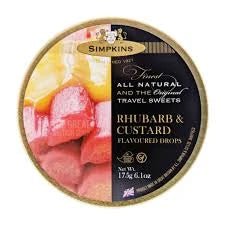 Simpkins Rhubarb & Custard 175g: round tin showing sweets and flavour images on lid.