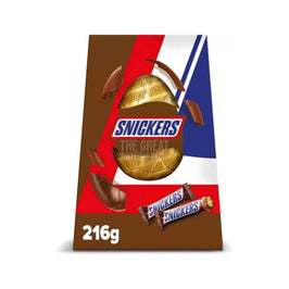 Snickers Large Egg 216g, front of the box showing the egg and two mini bars.