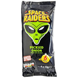 Space Raiders Pickled Onion 6 Pack: front of the multipack showing alien logo and 6 x 13g bags.