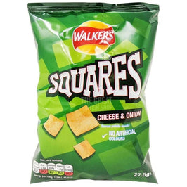 Walkers Squares Cheese & Onion 27.5g: front of the green packet showing the snacks.