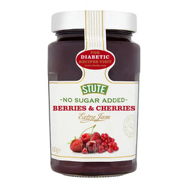 Stute No Sugar Added Berries & Cherries Extra Jam 430g: the jar with white lid and label shown.