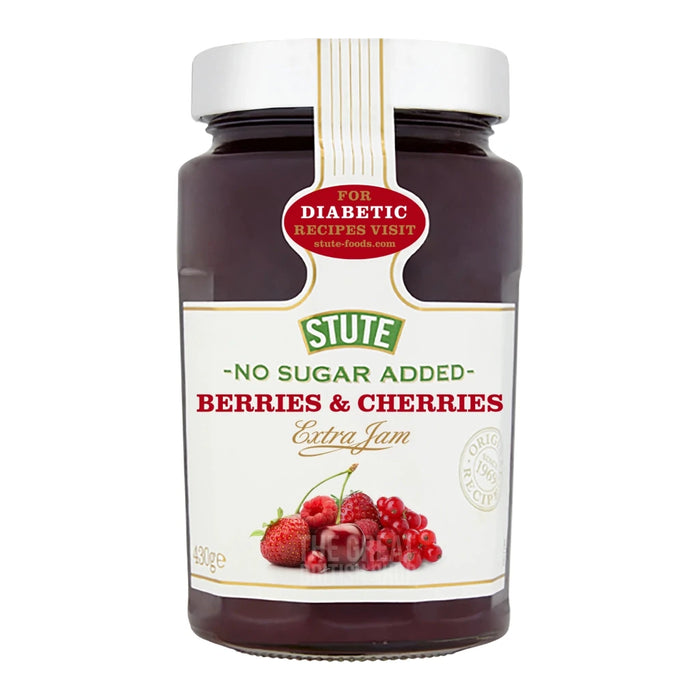 Stute No Sugar Added Berries & Cherries Jam- 430g imported British grocery product available in Canada