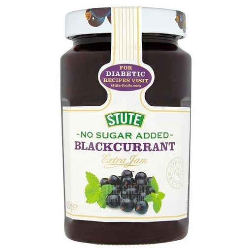 Stute No Sugar Added Blackcurrant Jam - 430g imported British grocery product available in Canada