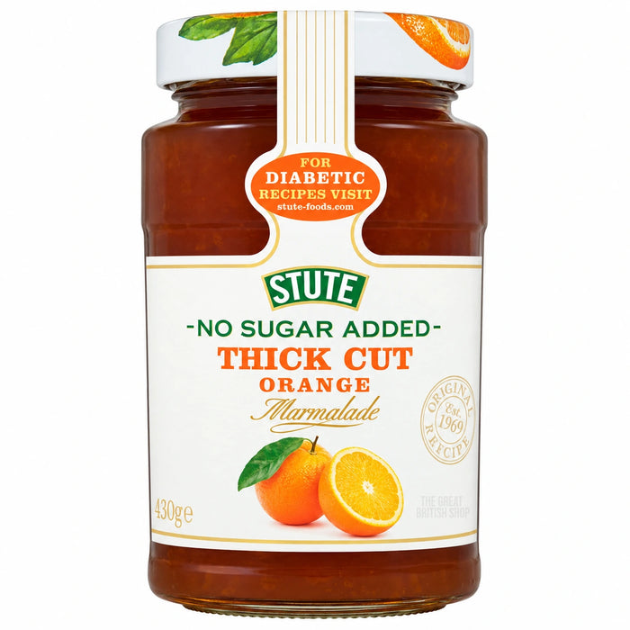 Stute No Sugar Added Thick Cut Orange Marmalade - 430g, front view of the product packaging