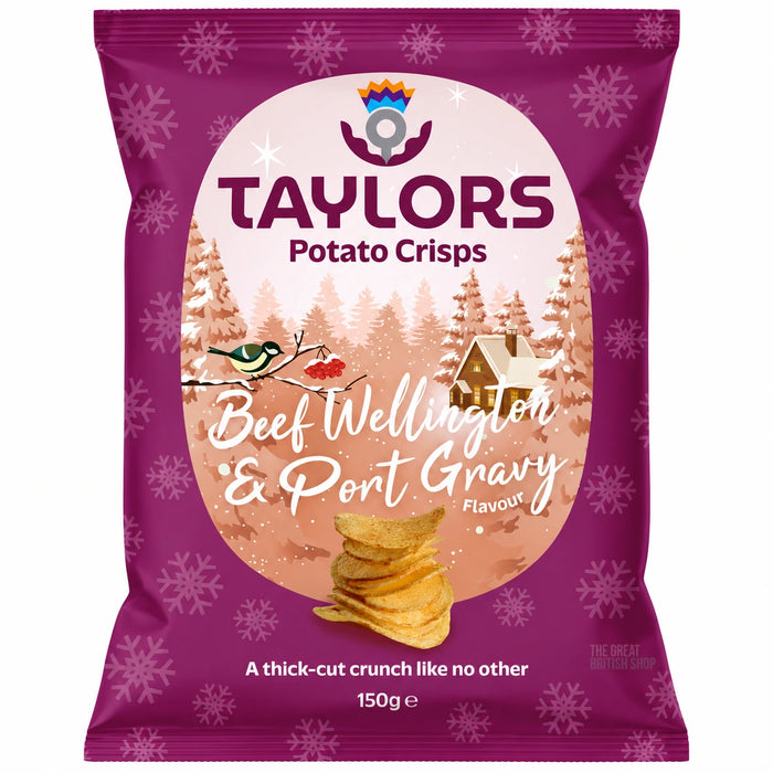 Taylors Beef Wellington & Port Gravy Crisps 150g, front view of the original product packaging.