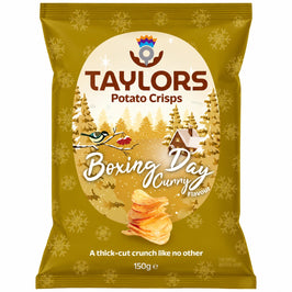 Taylors Boxing Day Curry Crisps 150g, front view of the original product packaging.