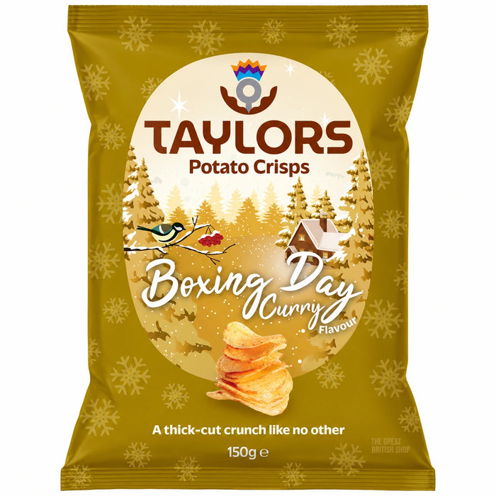 Taylors Boxing Day Curry Crisps 150g, front view of the original product packaging.