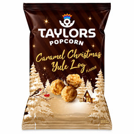 Taylors Caramel Christmas Yule Log Toffee Popcorn 155g, front of the brown and gold festive bag.