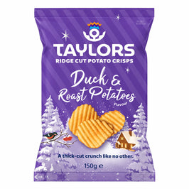 Taylors Duck & Roast Potatoes crisps 150g, purple winter-themed pouch with ridged-crisp illustrations.