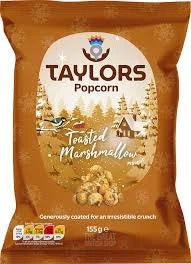 Taylors Toasted Marshmallow Popcorn 155g: front of the bag showing popcorn and pine trees design.