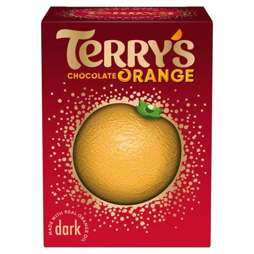 Terry's Dark Chocolate Orange 145g, UK red box with gold-foil orange and dark label.