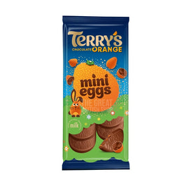 Terry's Chocolate Orange Mini Eggs 90g, front of the pack showing the bar and eggs
