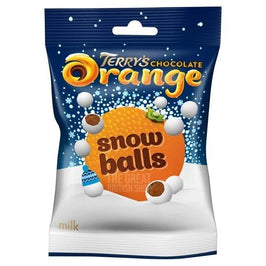 Terry's Chocolate Orange Snowballs 70g, front of the pack showing the bag of milk chocolate balls.